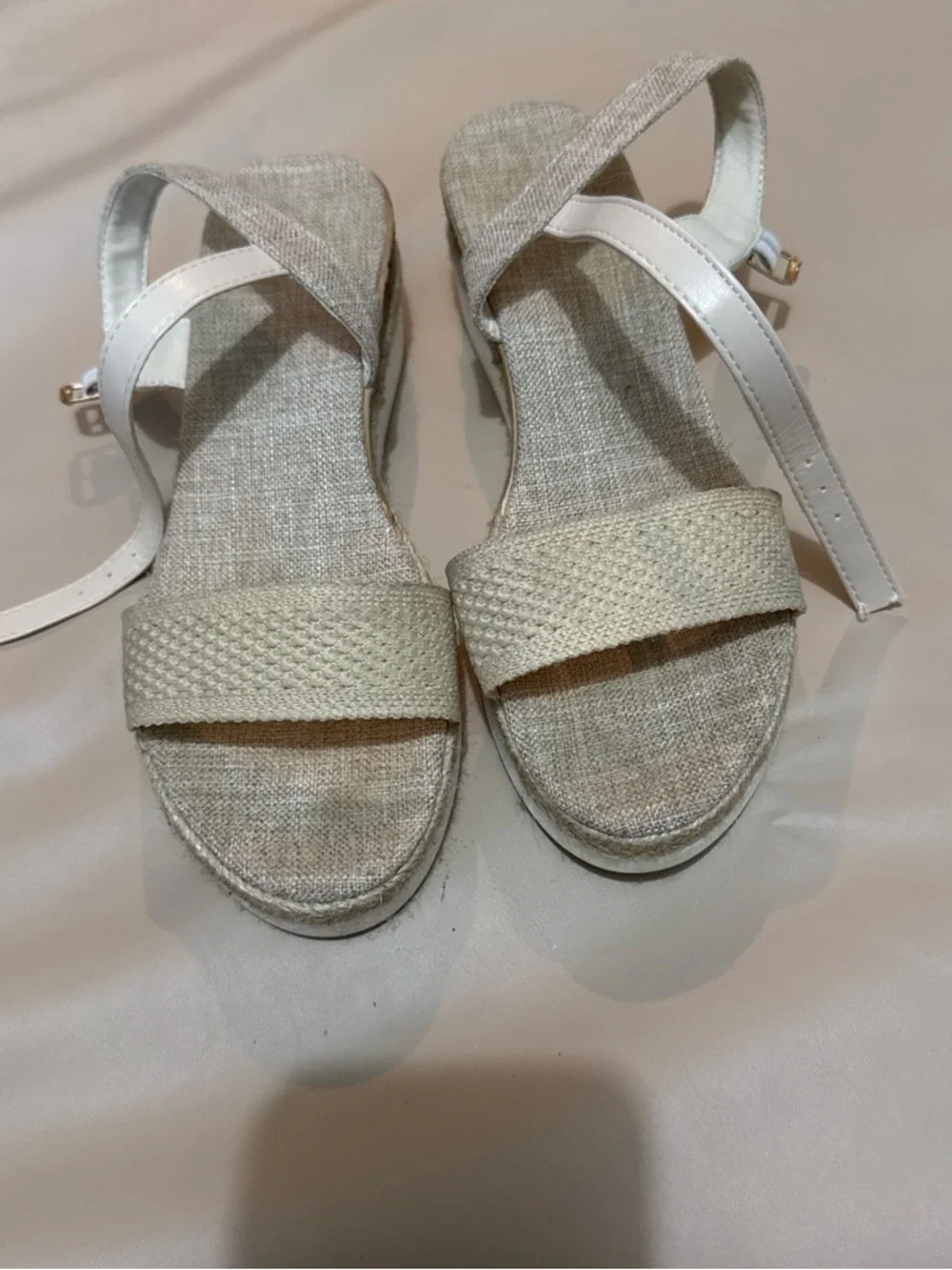 Neutral Espadrille Wedge Sandals with White Ankle Strap